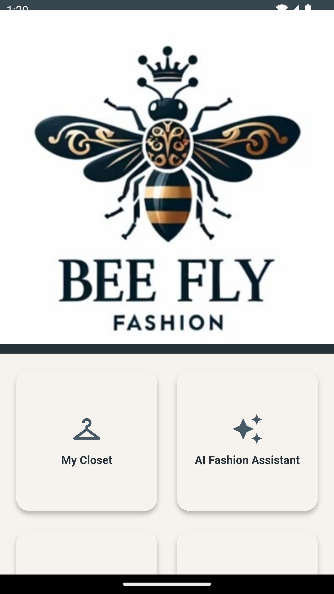 Bee Fly Fashion app home screen with My Closet and AI Fashion Assistant